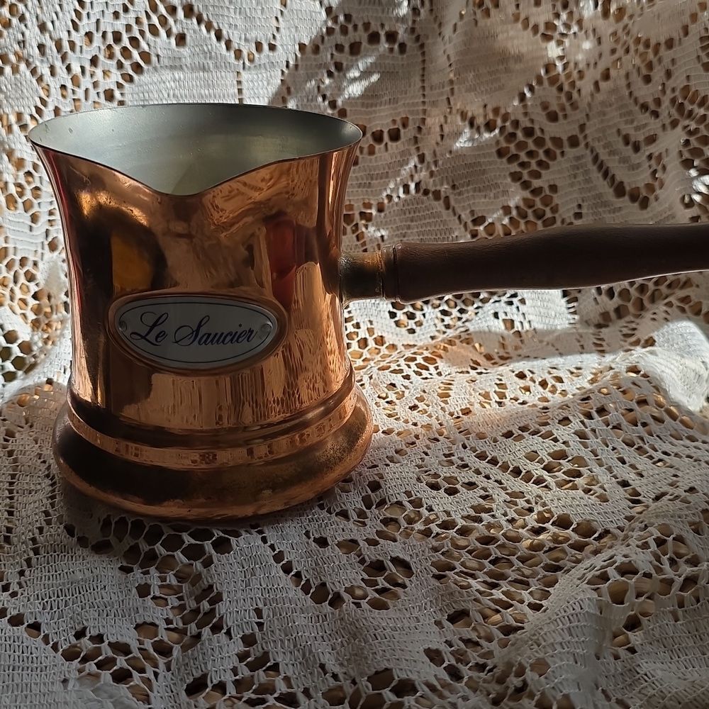 Vintage Rustic Le Saucier Wooden Handle Copper Pot